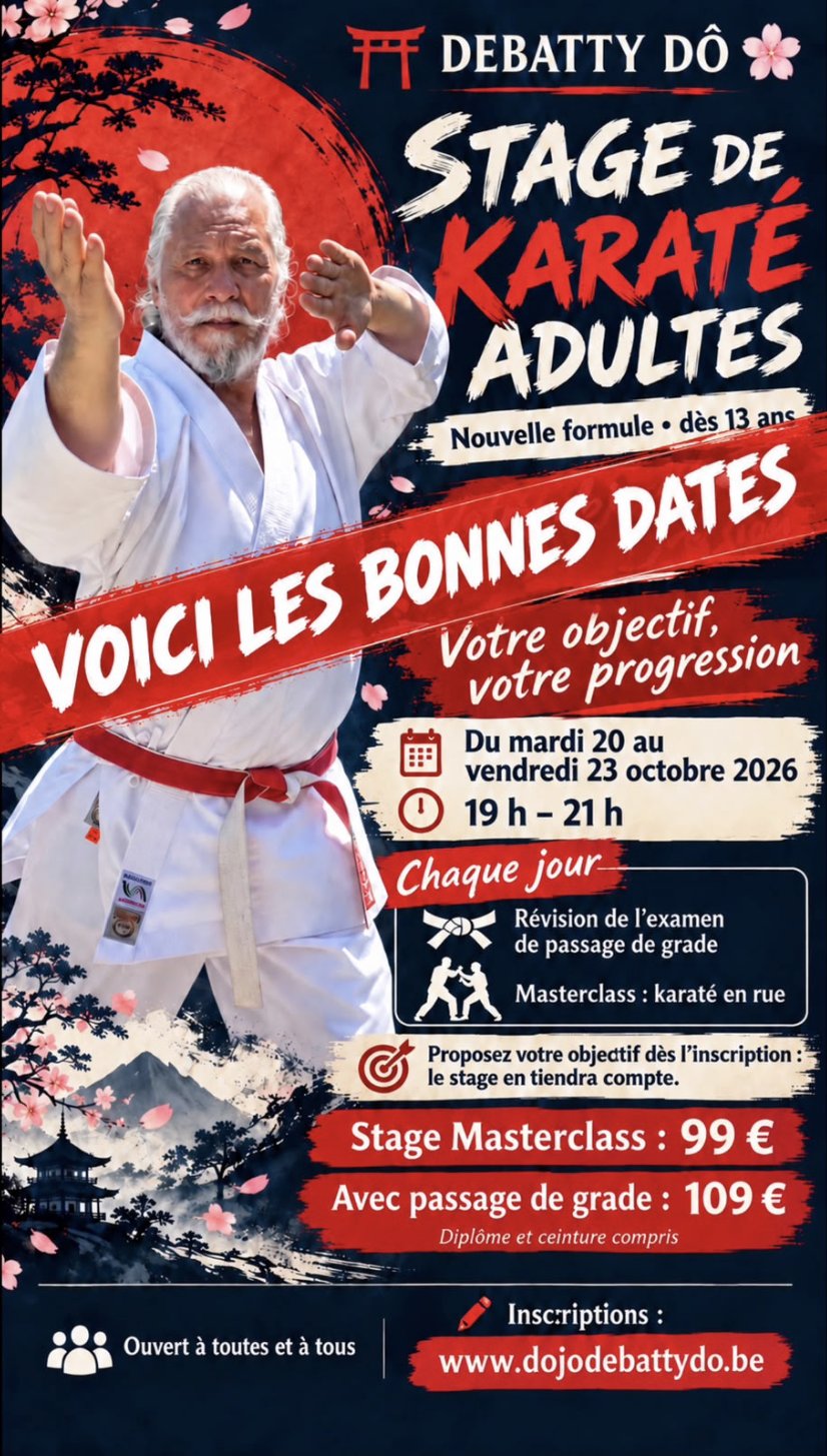 Affiche du stage de karaté adultes, du mardi 20 au vendredi 23 octobre 2026